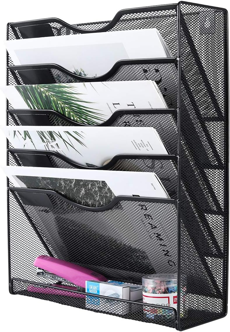 EasyPAG 5-Tier Wall File Holder, Mesh Hanging Folder Organizer with Classify Label, Versatile Desk File Organizer for Office Home, Space-Saving Vertical Wall Mounted Mail Paper Sorter, Black