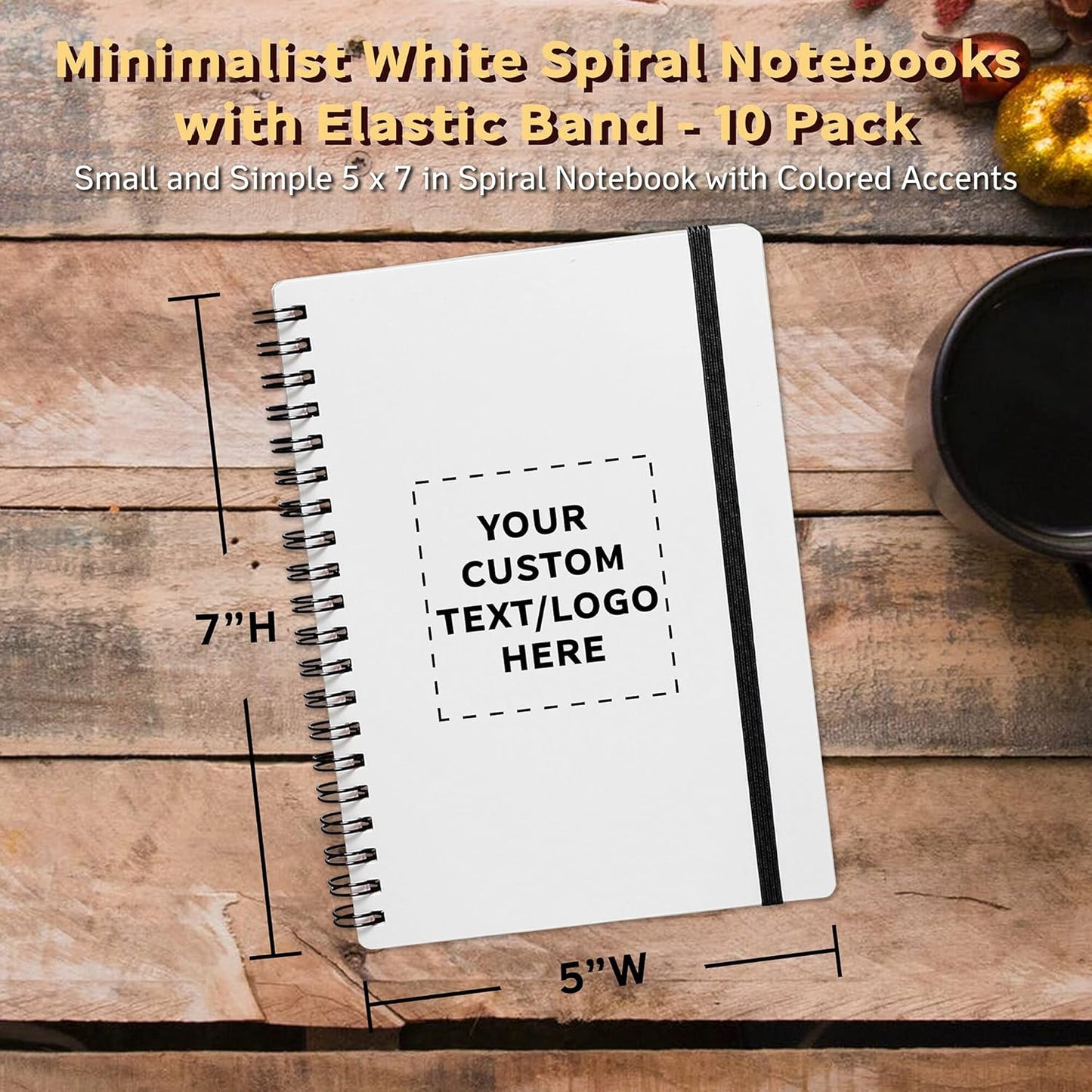 10 White Spiral Notebooks with Elastic Band Pack - Customizable Text, Logo - 80 lined pages, Recycled - Black