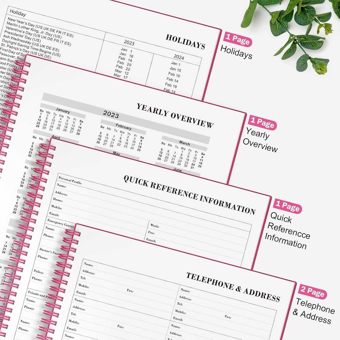 Planner Undated, Asten Daily Planner Agenda with to Do List, Hourly Schedules for Women and Men, Spiral Appointment Book with Elastic Closure, Inner Pocket 8.5" x 11" (Pink)