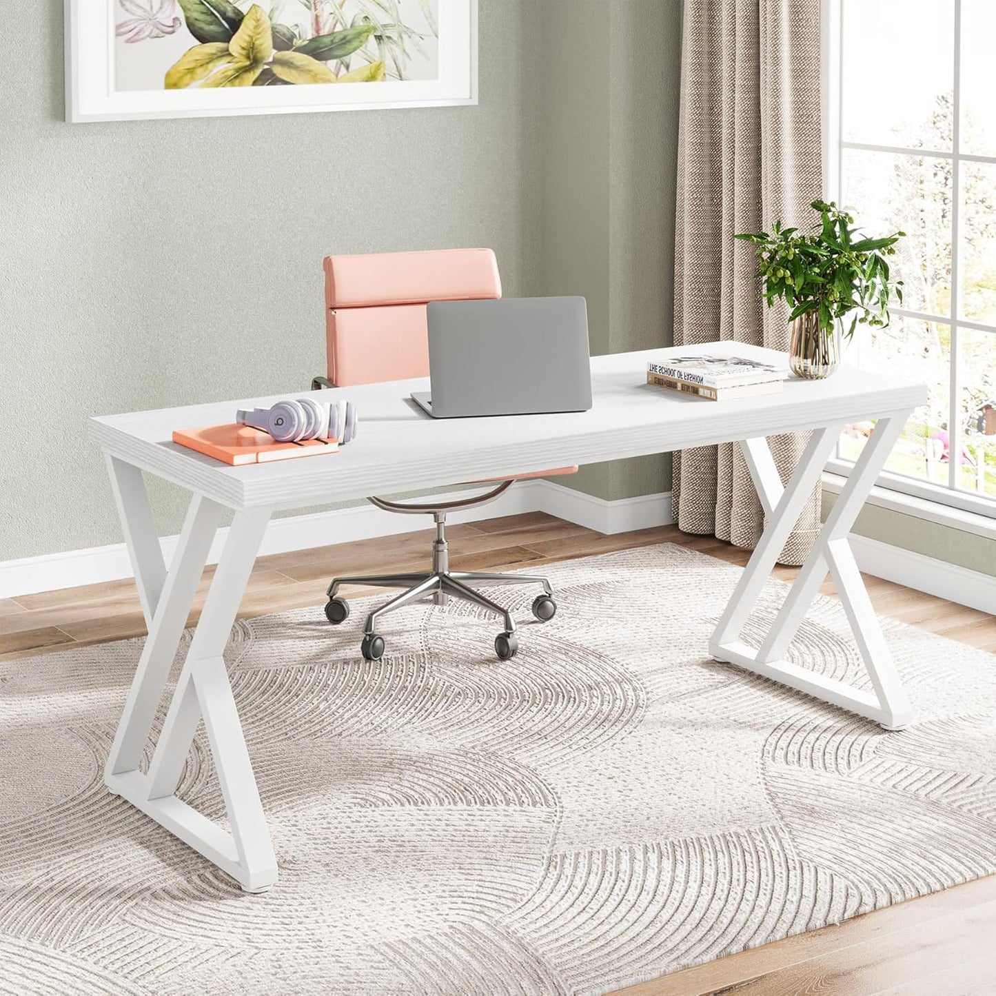 Tribesigns Writing Computer Desk, 55 inch Heavy Duty Study Desk with Z-Shaped Metal Leg, Modern Simple Home Office Computer Desk, White
