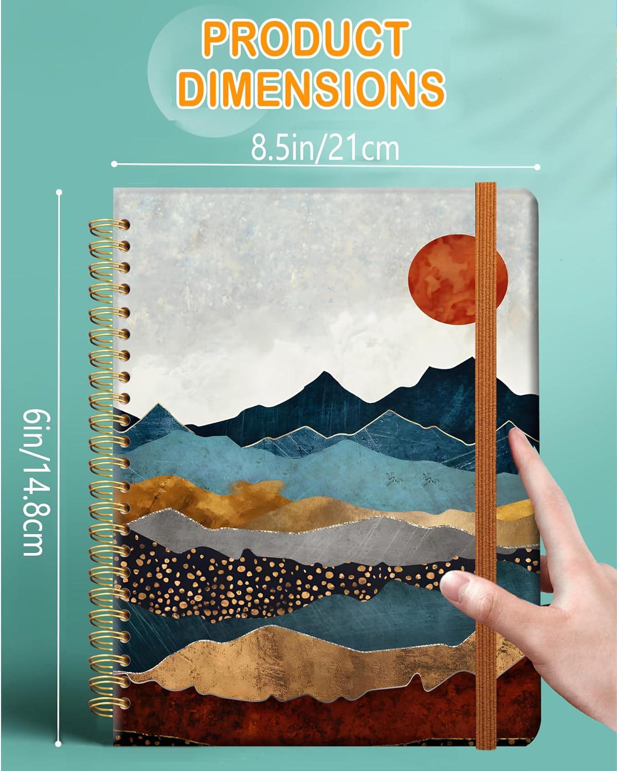 Ruled Spiral Writing Notebook,A5 Hardcover Lined College Journal for Women Lady,Fashion Puppy Watercolor Strong Twin-Wire Binding with Premium Paper,8.4" X 6",Perfect for School,Office,Home Gifts(Abstract Mountain Sun)