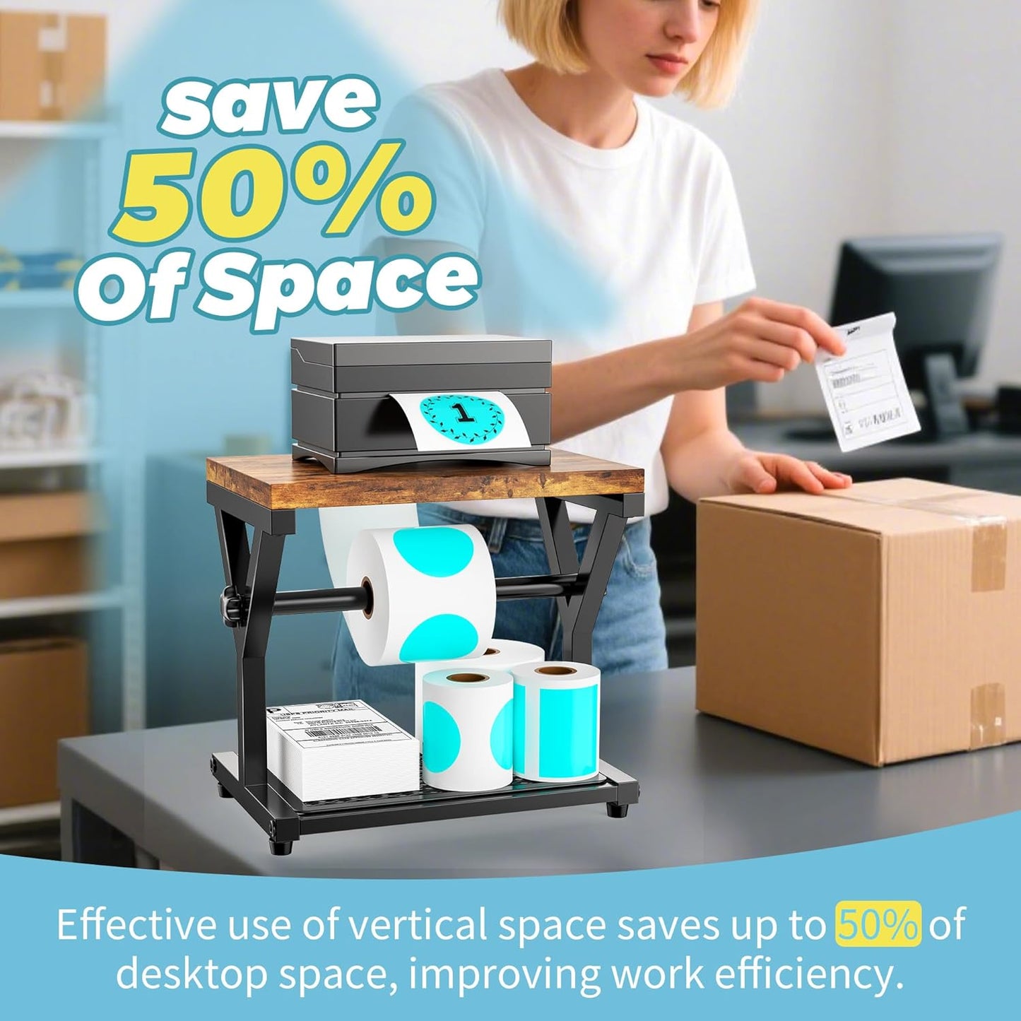 Thermal Label Holder for Rolls and Fanfold Labels, Wooden Sticker Roll Holder for Thermal Printer, YITOBA Desktop Shipping Label Stand Organizer Accessory for Home Office, Small Business (Black)