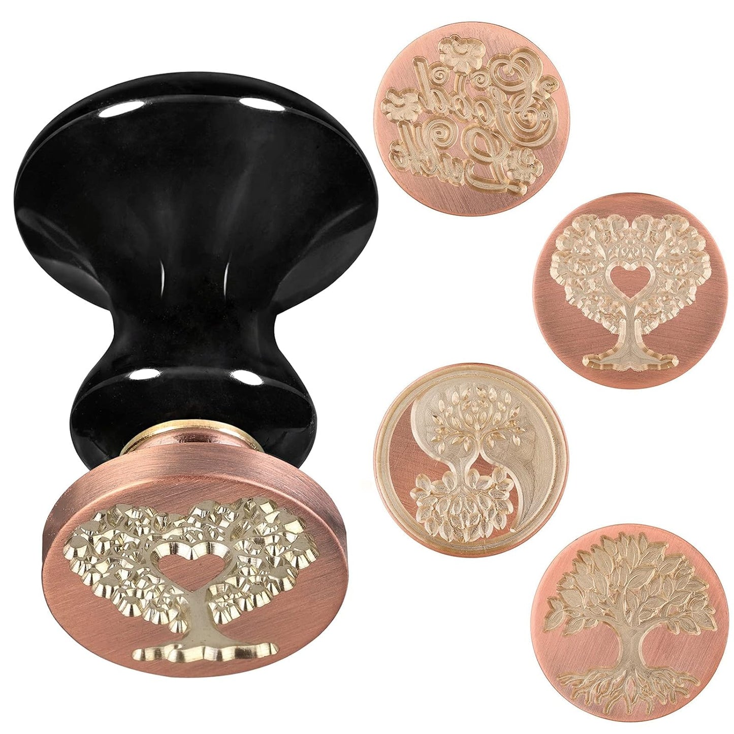 rockcloud Wax Seal Stamp Set, 4 Pieces Sealing Wax Stamps Copper Seals with 1 Black Obsidian Seal Handle for Cards Envelopes Invitation Decoration, Tree of Life