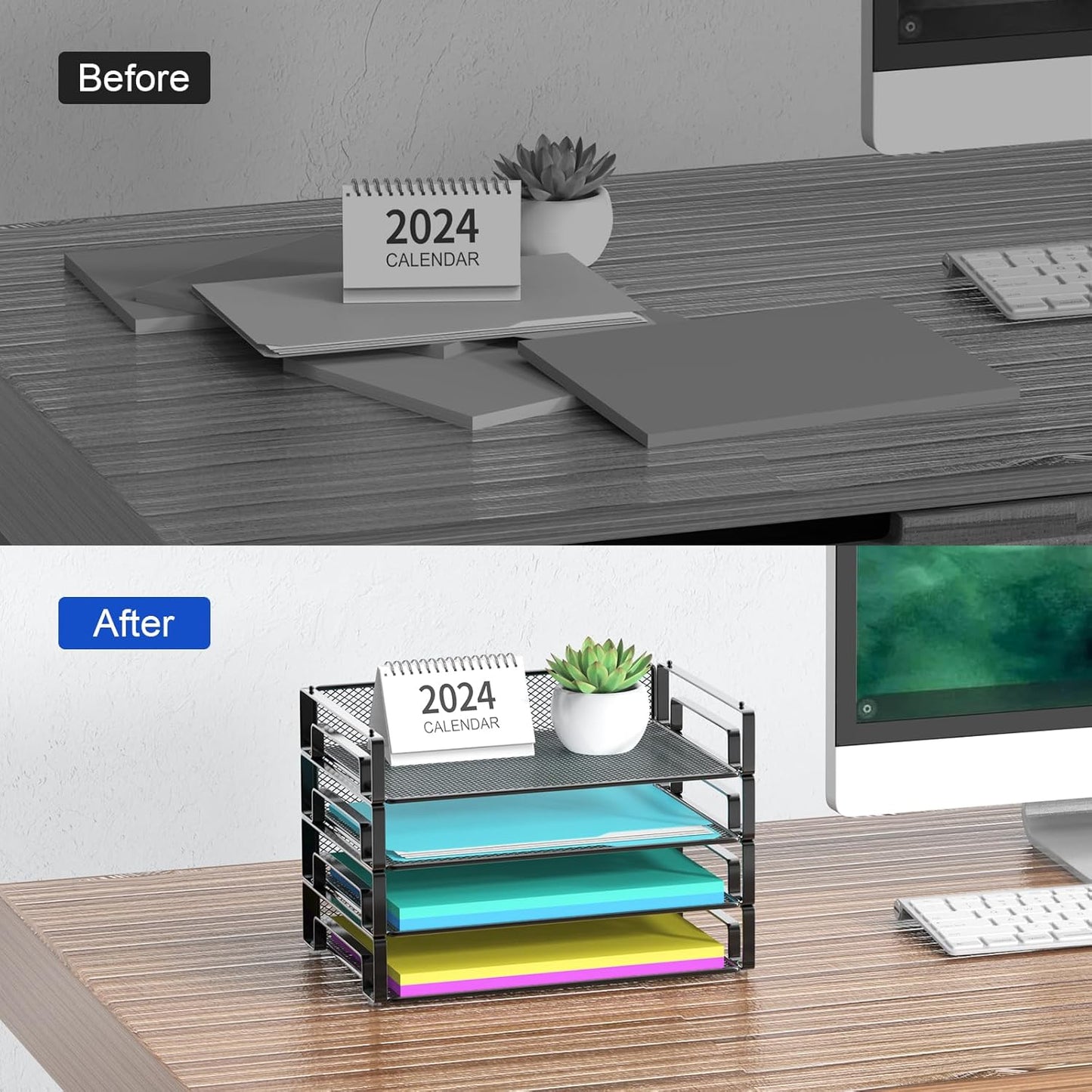 Samstar 4 Pack Stackable Letter Paper Tray, Desk File Organizer Paper Sorter for Letter/A4 Size Folders Documents, Mesh Made