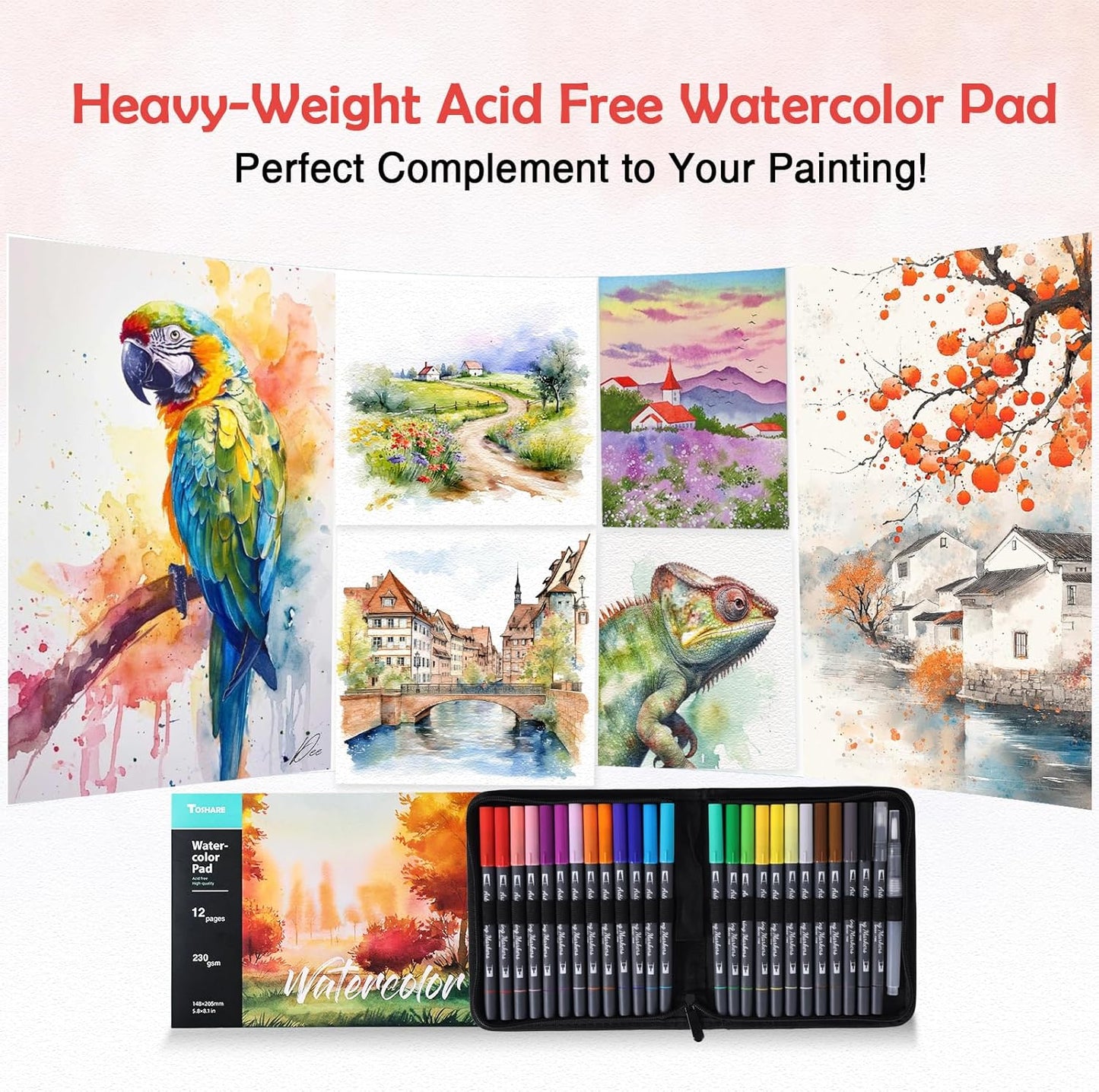 Watercolor Pens Set, 24-Color Dual Tip Paint Markers, Water-Based Coloring Markers with 1 Aquapen, 1 Colorless Blender, and 12-Page Pad, Art Supplies for Artists & Beginners