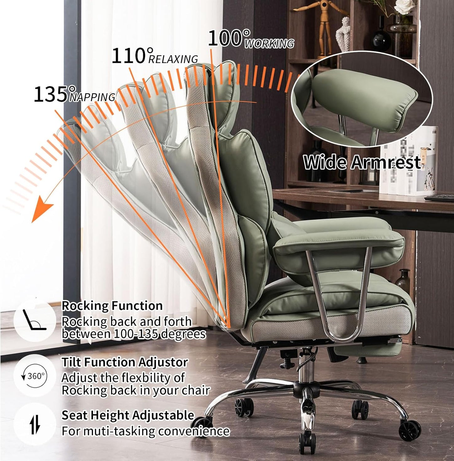 Efomao Big and Tall Office Chair 400lbs - Executive Office Chairs with Footrest, Heavy-Duty PU Leather Computer Chair for Heavy People, Light Green Home Office Desk Chairs