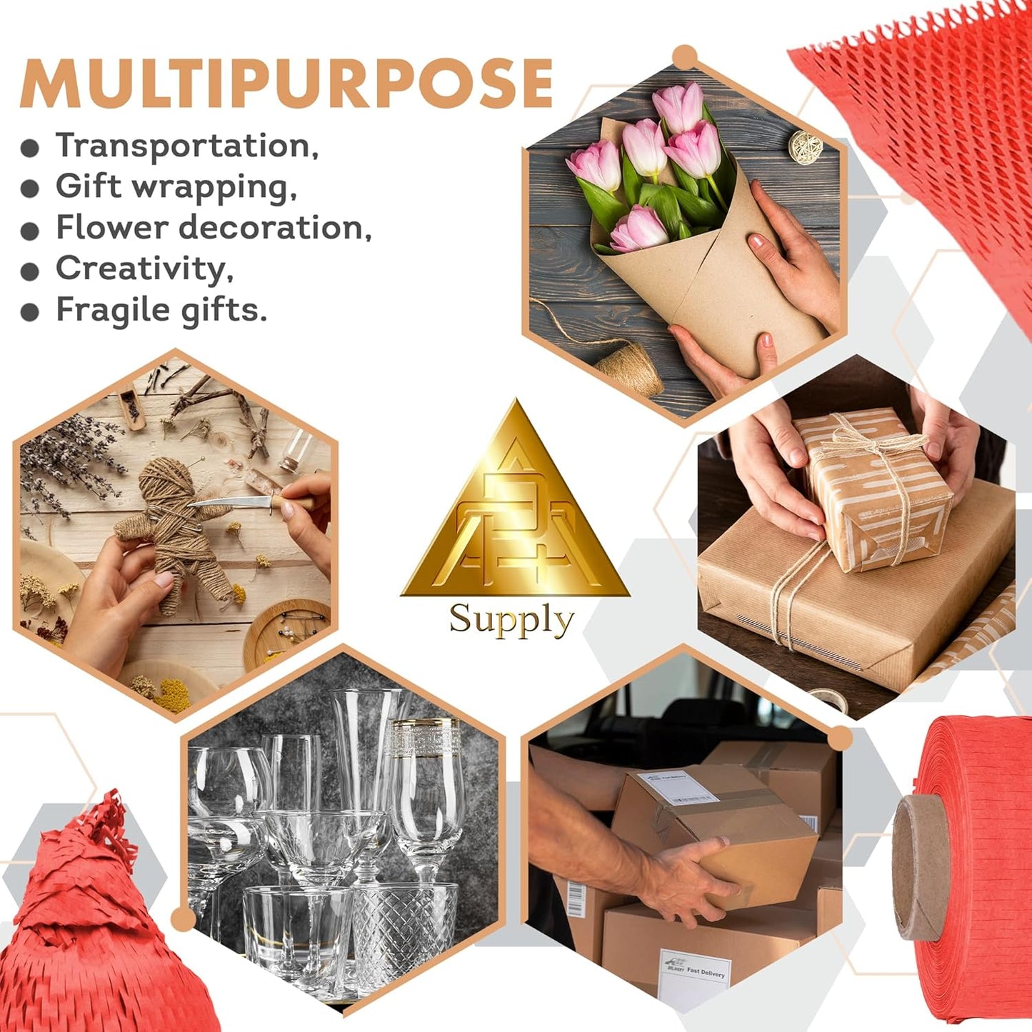 Red Honeycomb Packing Paper for Moving Breakables, 15 Inch x 100 Feet. Fragile Shipping Supplies. Perforated Packing Materials for Fragile Items. Moving Paper Wrap. Eco Friendly Packaging