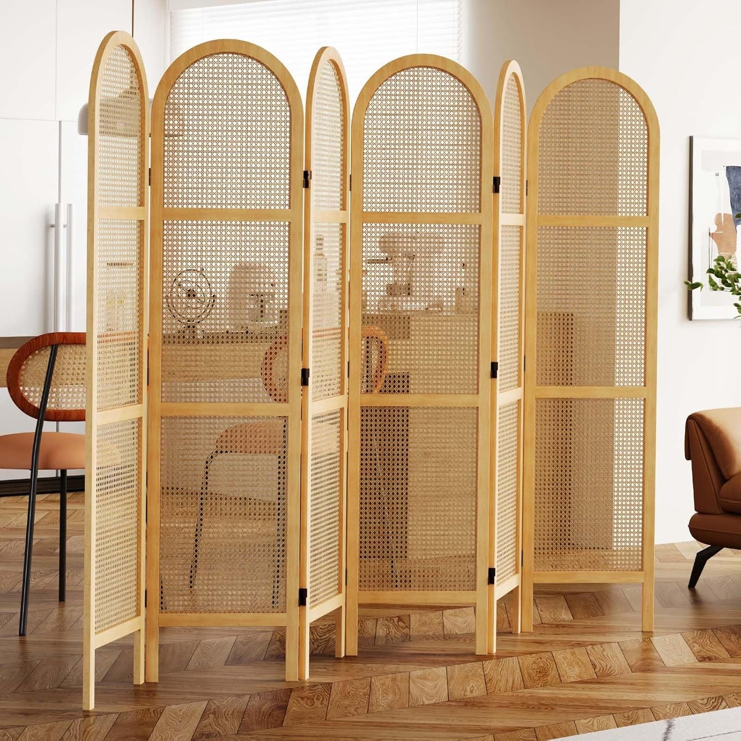 Room Dividers and Folding Privacy Screens, 5.6 Ft Double Hinged Rattan Partition Freestanding Wall Room Divider for Home - 6 Panels (Natural)