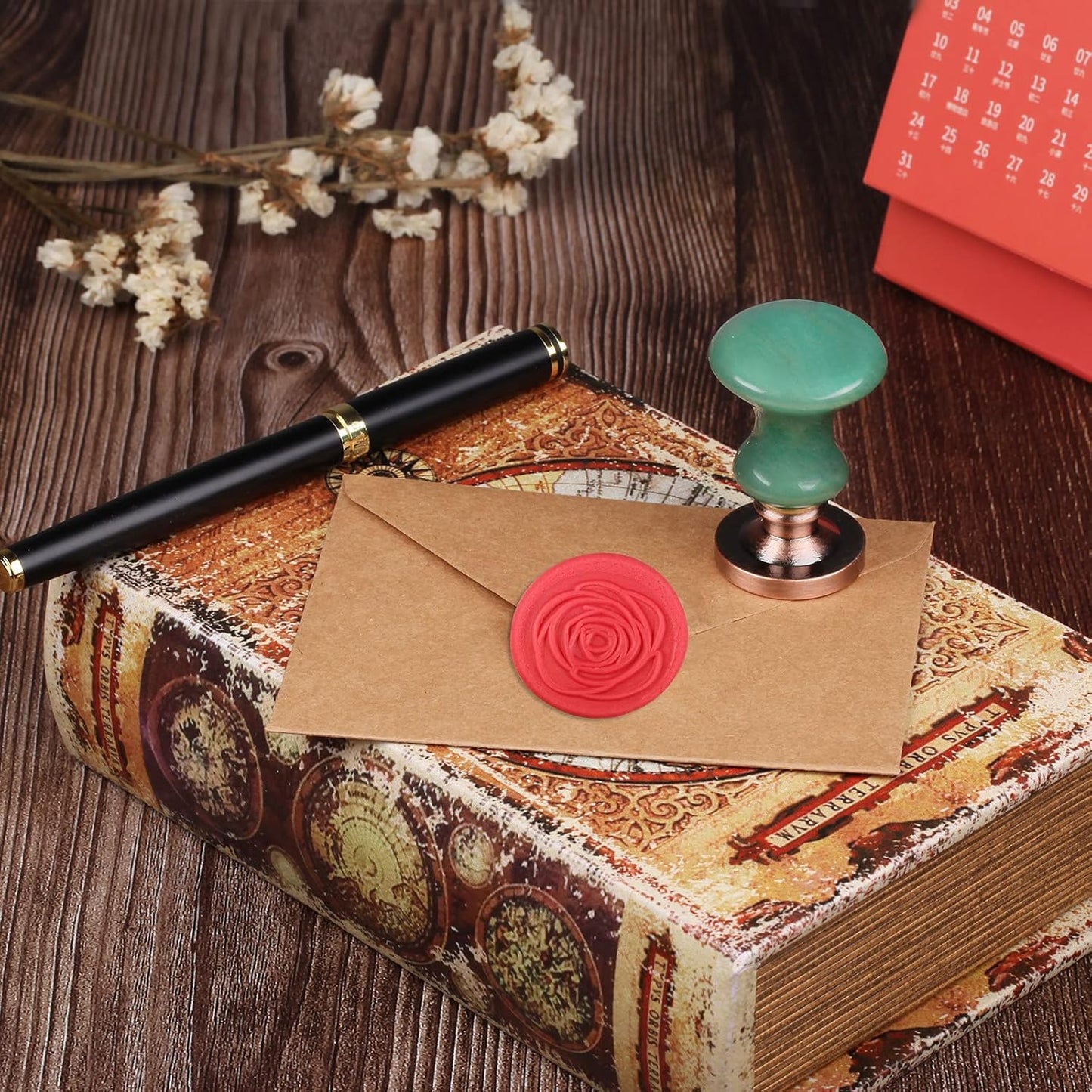 rockcloud Wax Seal Stamp Set, 4 Pieces Sealing Wax Stamps Copper Seals with 1 Green Aventurine Seal Handle for Cards Envelopes Invitation Decoration, Love Expressiont with Rose