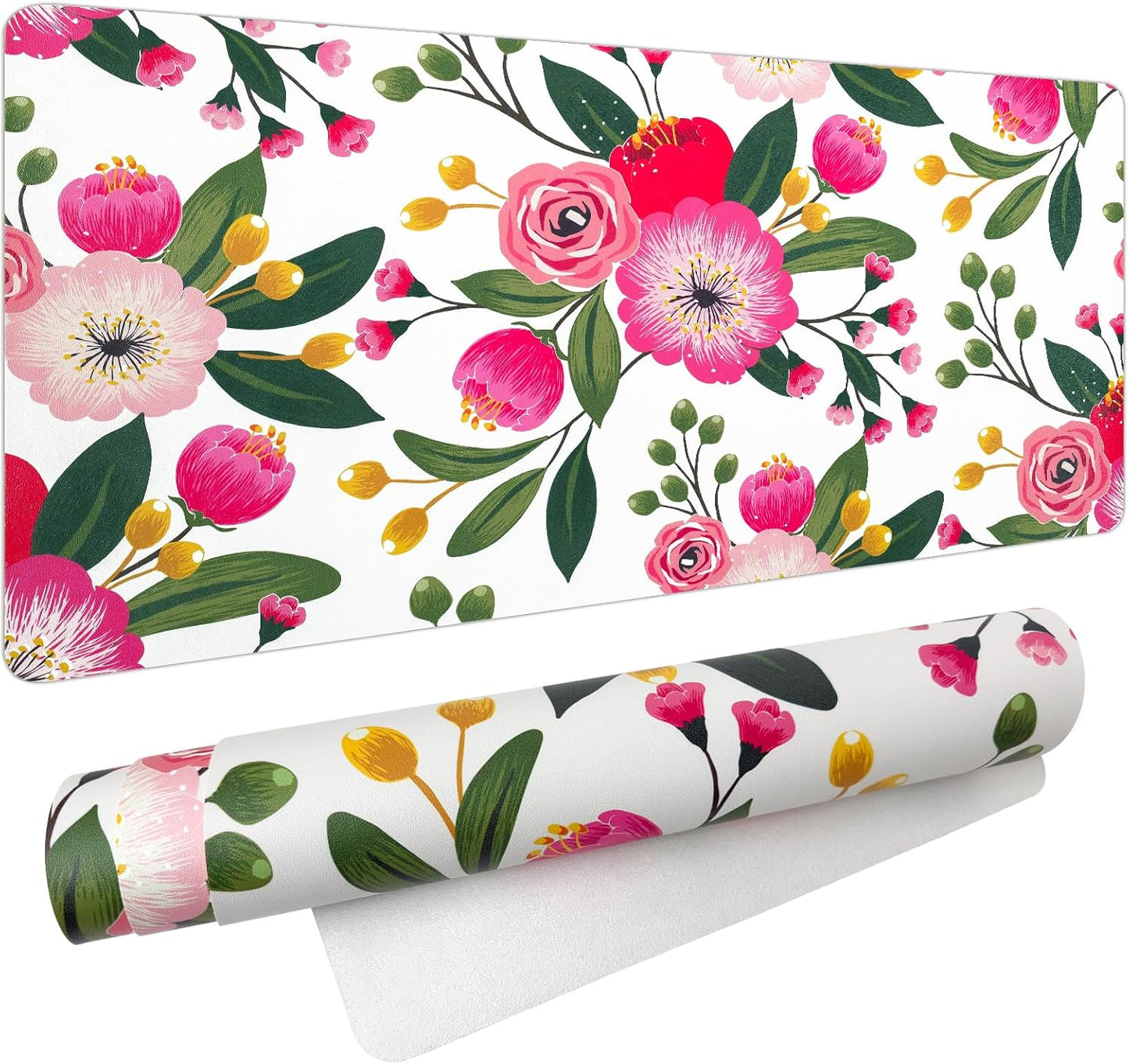 Bloss Pink Floral Desks Mat,31.5x15.7In Large Mouse Pad Cute,Anti-Slip Leather Computer Desk Pad for Keyboard and Mouse,Pink Computer Keyboard Pad Mat,Laptop Desks Protector Mat for Office/Home/Women