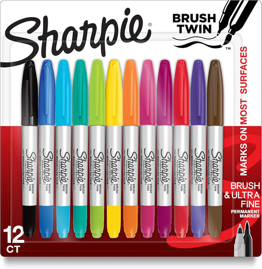 Sharpie Brush Twin Permanent Markers Brush Tip Marker and Ultra Fine Tip Marker Assorted 12 Count