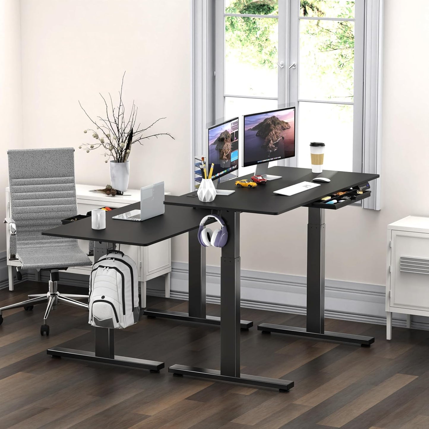 SHW 48-Inch Electric Height Adjustable Standing Desk with Drawer, Memory Preset and Cable Management Tray, Black