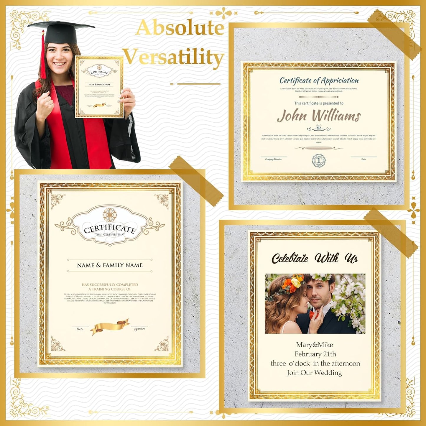 Certificate Paper 8.5 x 11 for Printing Blank Award Certificate for Graduation Diploma Achievement Participation Award Document (200pcs,Gold)