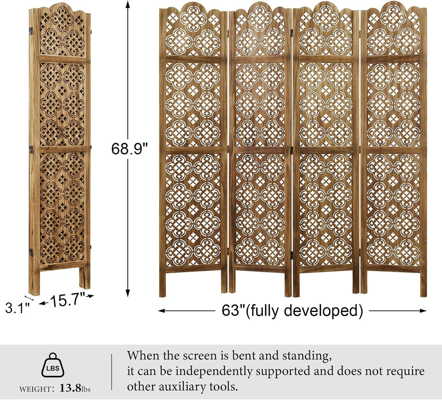 68.9Inch Folding Room Divider, 4 Panels Wood Carved Privacy Screens - Ideal Decorative Partition for Home, Office, Restaurant, Bedroom (Dark Brown)
