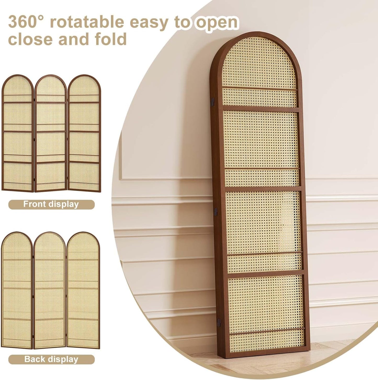 Rattan Room Divider with Bookshelf,Privacy Screen for Home Office & Bedroom,Portable Partition, Wooden Frame