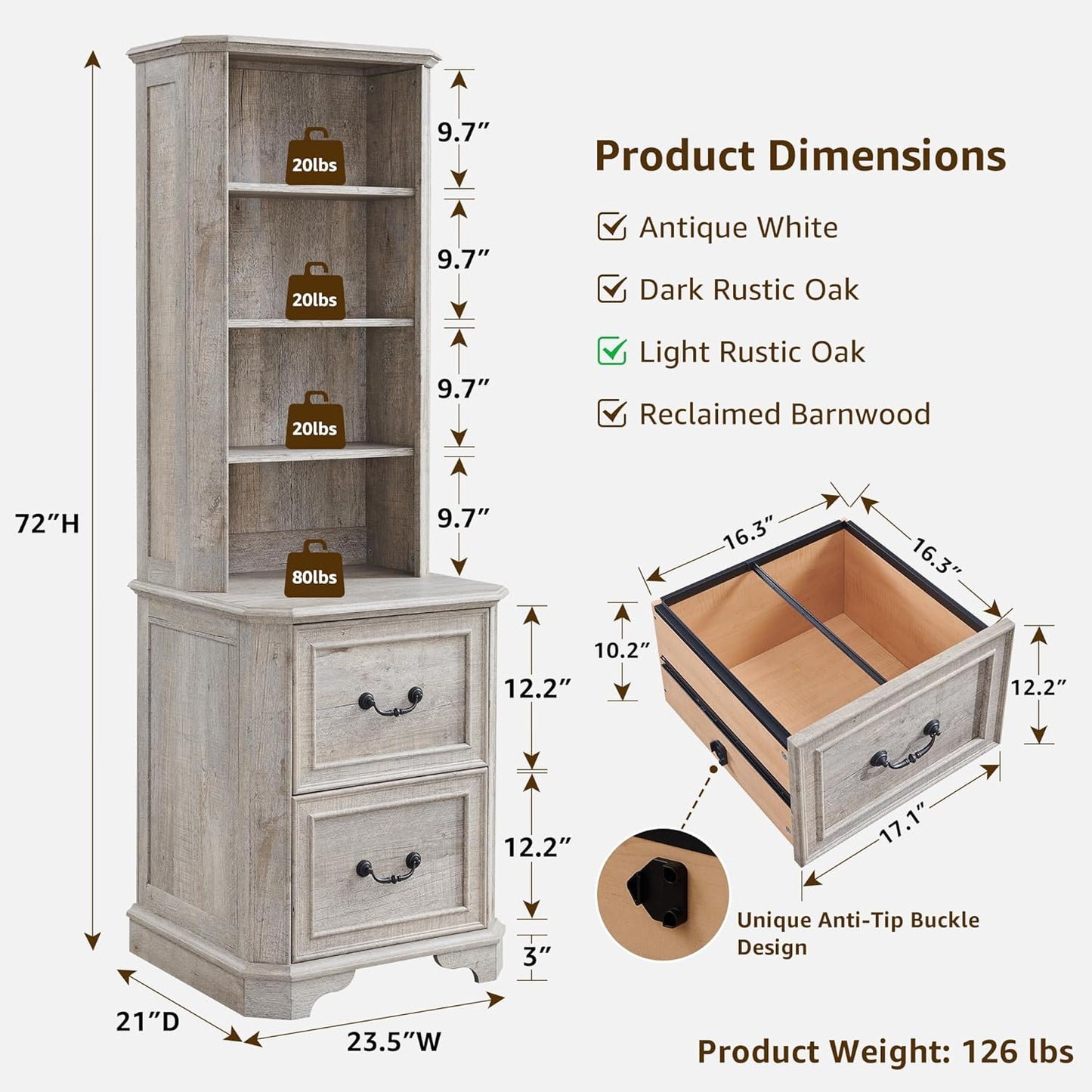 T4TREAM 6-Tier Bookcase with 2 File Drawers, 72" Tall Farmhouse Bookshelf with Storage & Adjustable Shelves, Wooden Floor Standing Display Book Shelf Organizer for Home Office, Light Rustic Oak