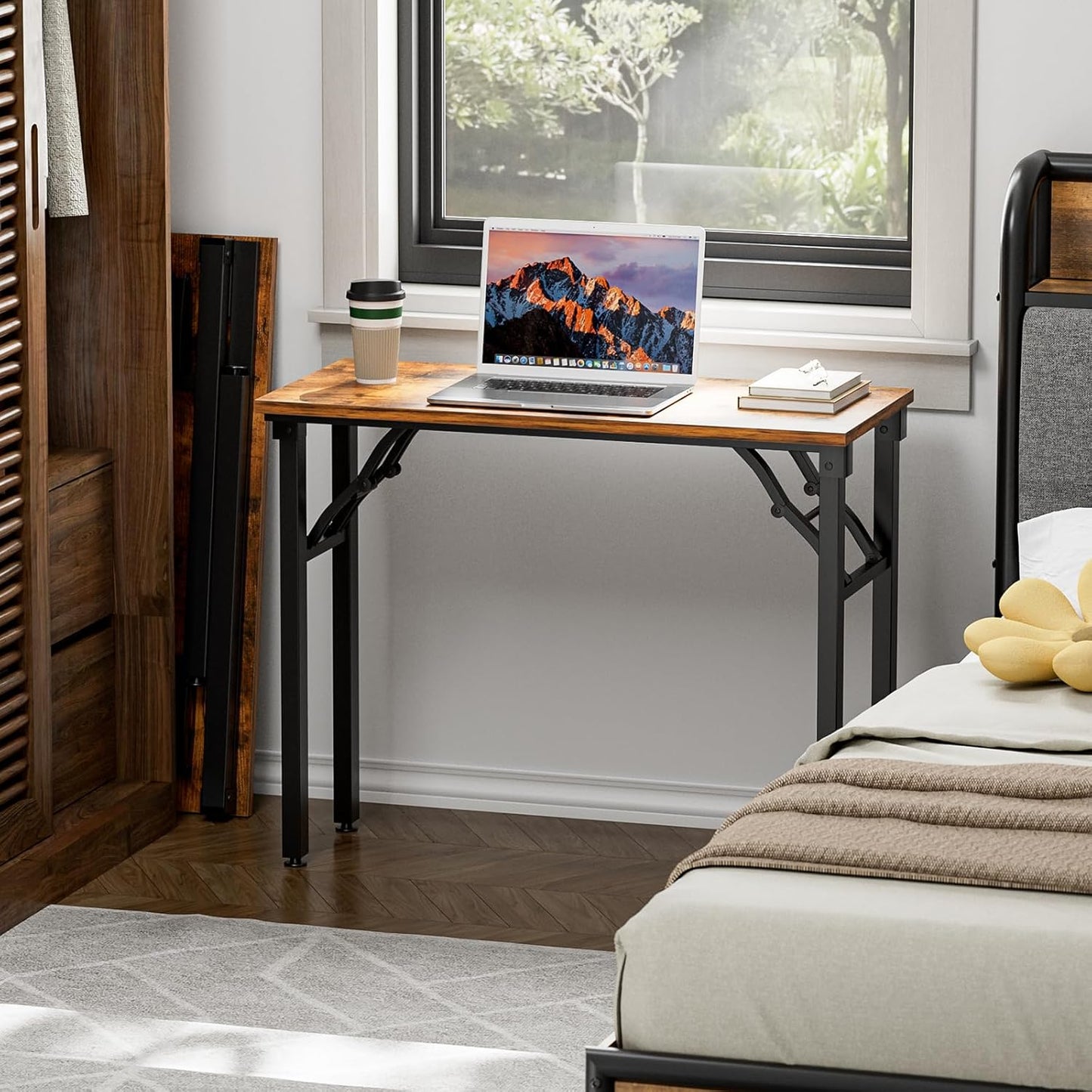 TEMI Small Computer Desk Folding Table - 35.8" Foldable Office Desk, No Assembly, Perfect for Small Spaces in Bedroom, Dorm, or Apartment, Portable Mini Desk or Study Table with Compact Design, Brown