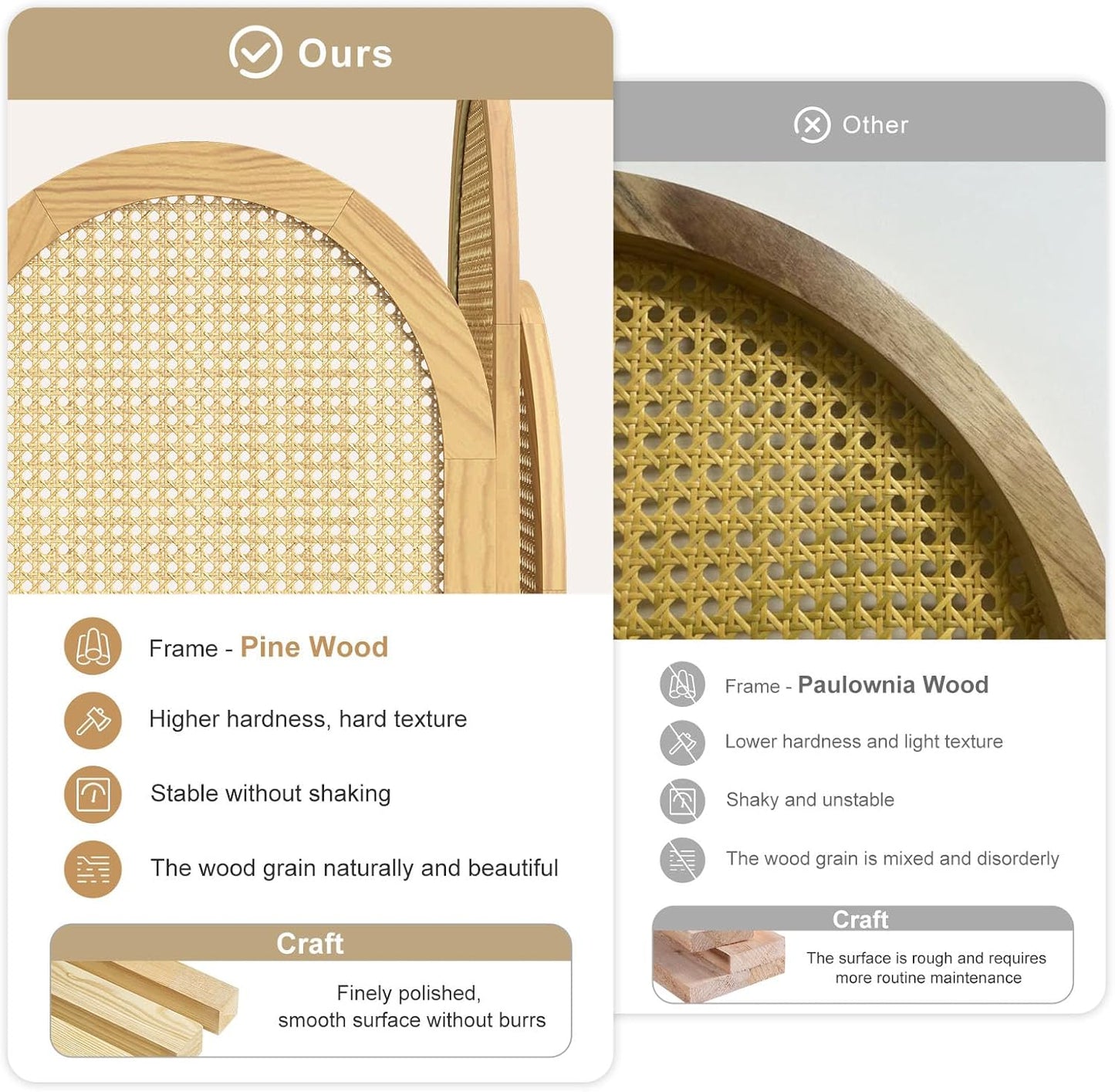 3-Panel Hand-Woven Rattan Room Divider, Tall Foldable Privacy Screen with Wooden Frame - Freestanding Portable Partition for Home Office, Bedroom, Bathroom(Natural-Wave)