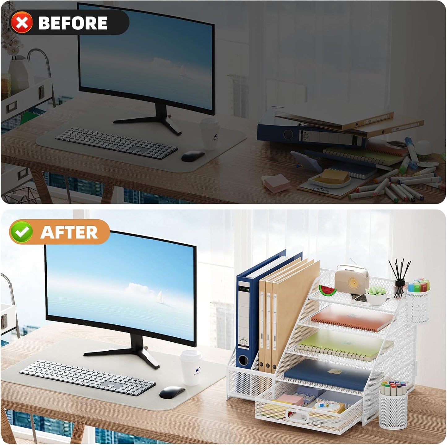 Marbrasse Desk Organizer with File Holder, 5-Tier Paper Letter Tray Organizer with Drawer and 2 Pen Holder,Mesh Desk Organizers and Accessories,Desktop Organizer and Storage for Office Supplies(White)