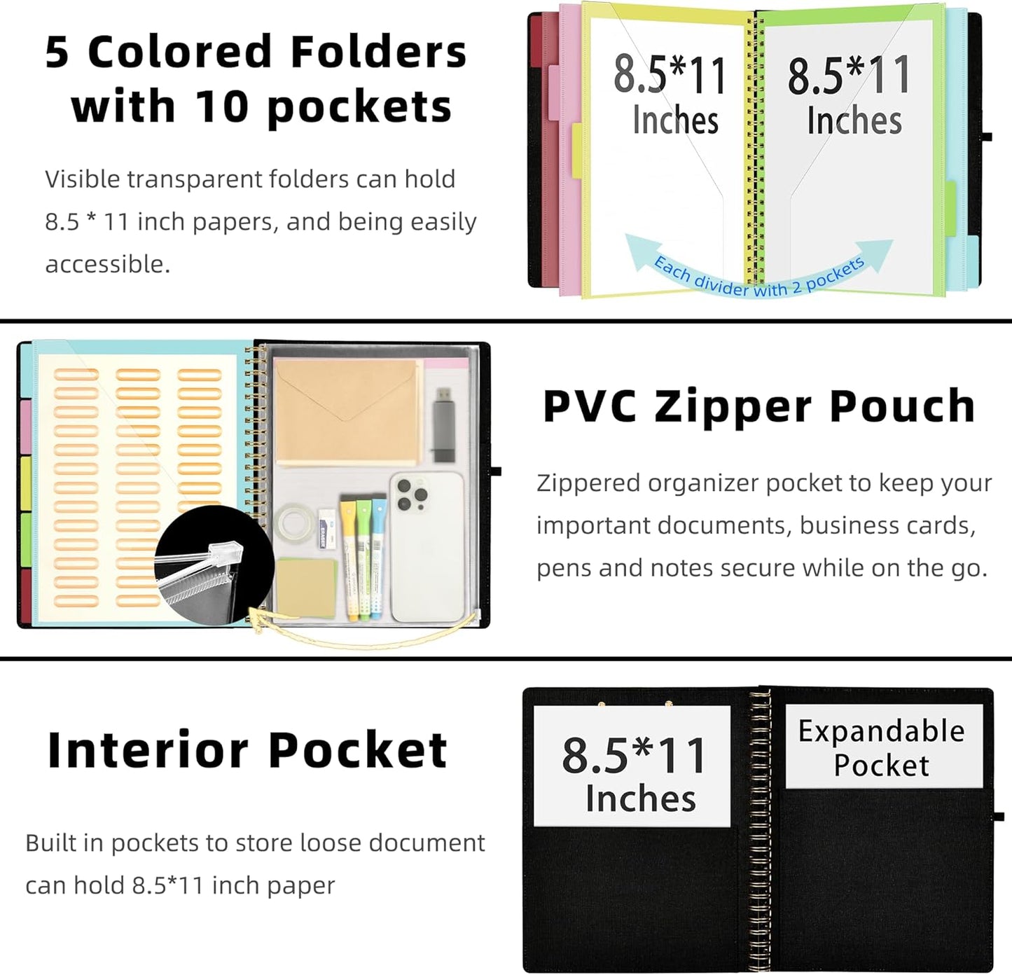 Ospelelf Black Foldable Spiral Clipboard Folio with Storage Zipper Pouch, 5 Plastic Folders with 10 Pockets,Refillable Lined Notepad (11" x 8.5"), Hardcover Project Organizer with 39 Stickers