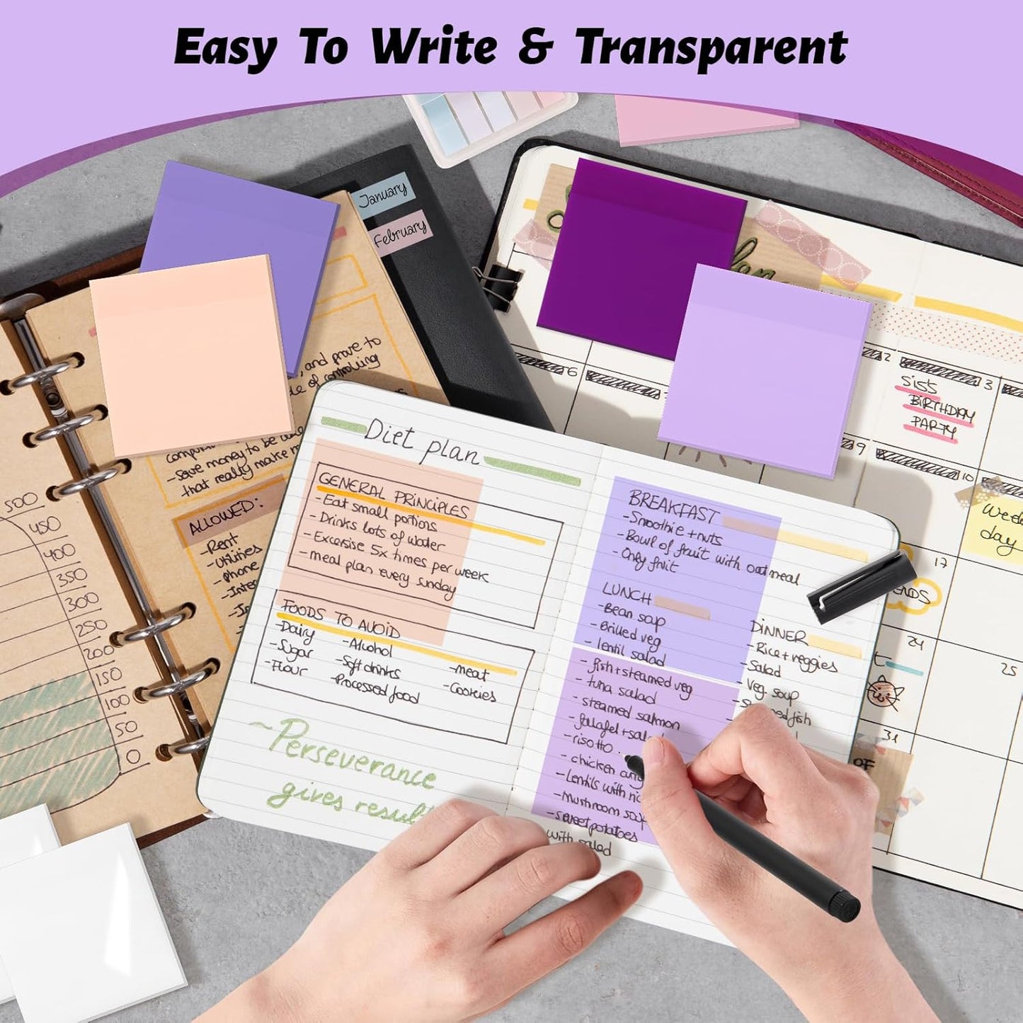 ‎SYMDROMIA Transparent Sticky Notes, 3"x3" Clear Post Translucent Sticky Notes with See Through Self-Adhesive Sticky Pads for Office School College Supplies, 800 Sheets Lavender Purple