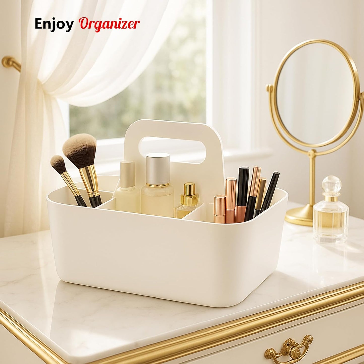 2 Pack Small 6 Compartment Multiuse Caddy Organizer with Handle Art Craft Supplies, Office, Desk, Stationery Pen Holder Stackable- Made In USA (Mint/Ivory)