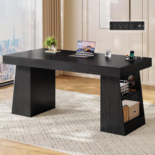 55.9 in Executive Desk with Power Outlets, Modern Home Office Desk with Storage Shelves, Wood Computer Desk Business Workstation Desk Conference Table, Black (Storage Shelves)