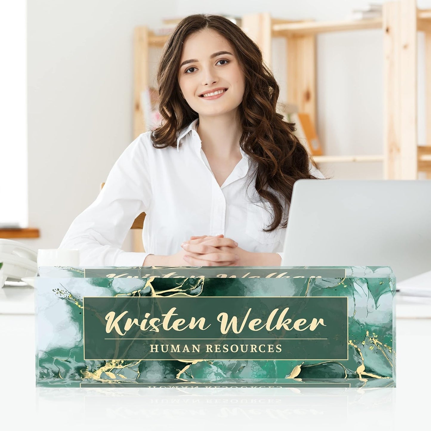Desk Name Plate Personalized, Premium Green Phnom Penh Marble Acrylic Desk Name Plate, Personalized Name Plate for Desk, Office Decor for Women or Men Coworkers, Boss, Employee, Teacher