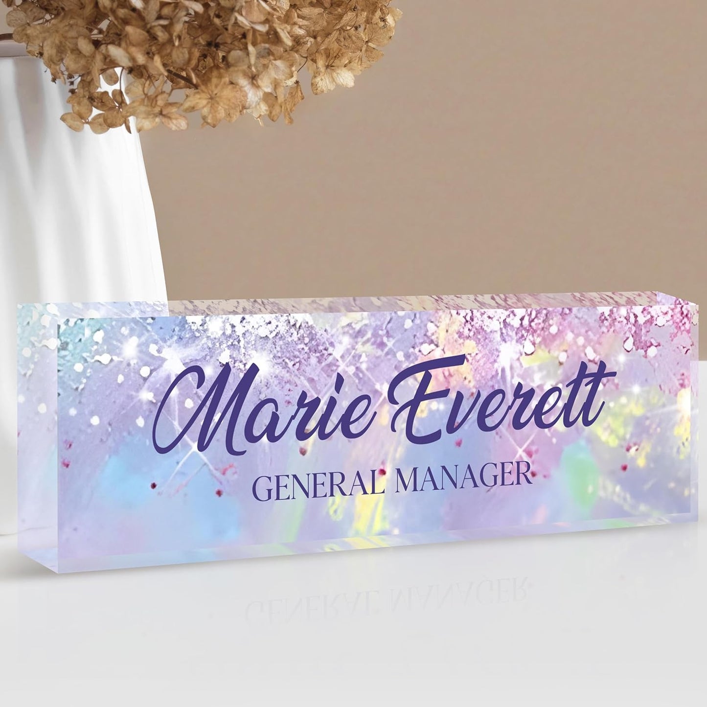 Custom Name Plate for Desk | Personalized Desk Name Plate | Personalized Boss Employee Appreciation Gifts | Acrylic Name Plate Office Desk Accessories (A-Colorful Purple Crystal)