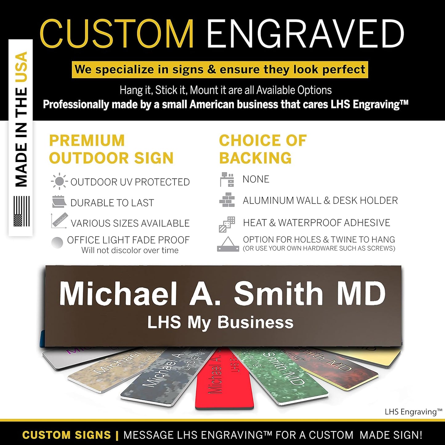 Door Name Plate Personalized for Office Brown Plastic Name Plate with White Letters - Made in USA 2x6 B25