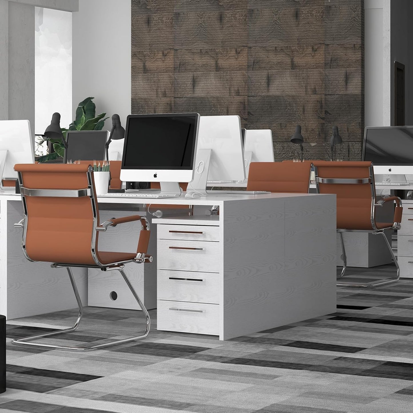 Office Desk Chair Set of 6,No Wheels PU Leather Computer Chairs Mid Back Guest Chairs with Seld Base for School/Reception/Conference/Waiting Room,Cafe