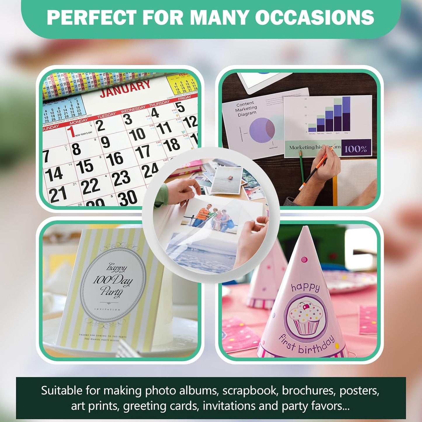 Glossy Photo Paper 4x6, 5x7, 8.5x11, 120 Variety Pack Bulk, Assorted Sizes, Inkjet printer, 52lb/200gsm