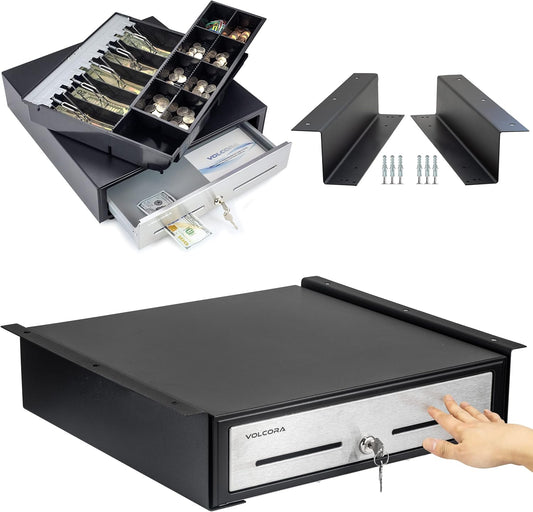 Push Open Cash Register Drawer with Under Counter Mounting Metal Bracket - 16" Black/Stainless Steel Front Cash Drawer for POS, Removable 5 Bill 8 Coin Tray, Key Lock, Media Slots