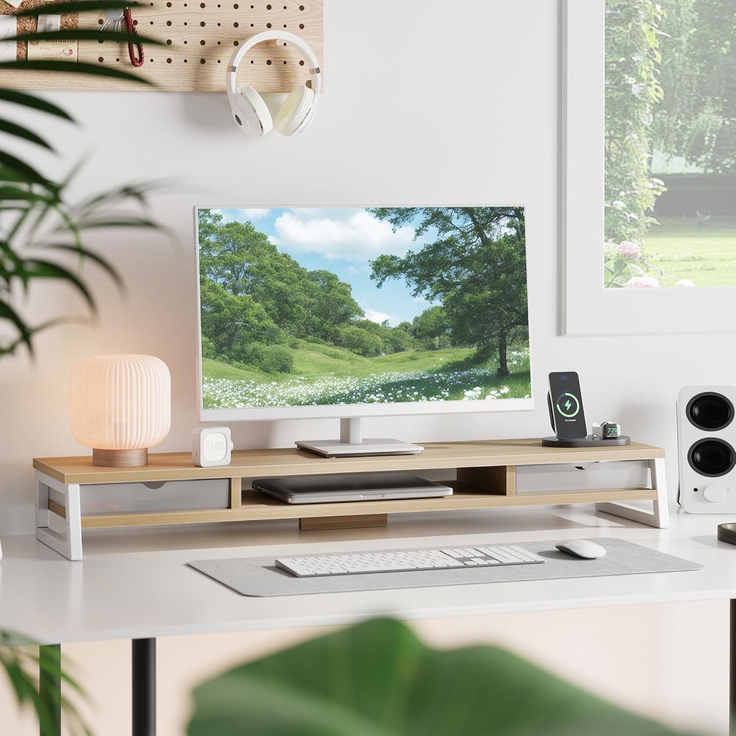 Fenge Dual Monitor Stand, Monitor Riser with Drawer, 42.5 Inch Large Computer Monitor Stand for 2 Monitors, 2 Tier Wooden Desk Shelf for Top of Desk