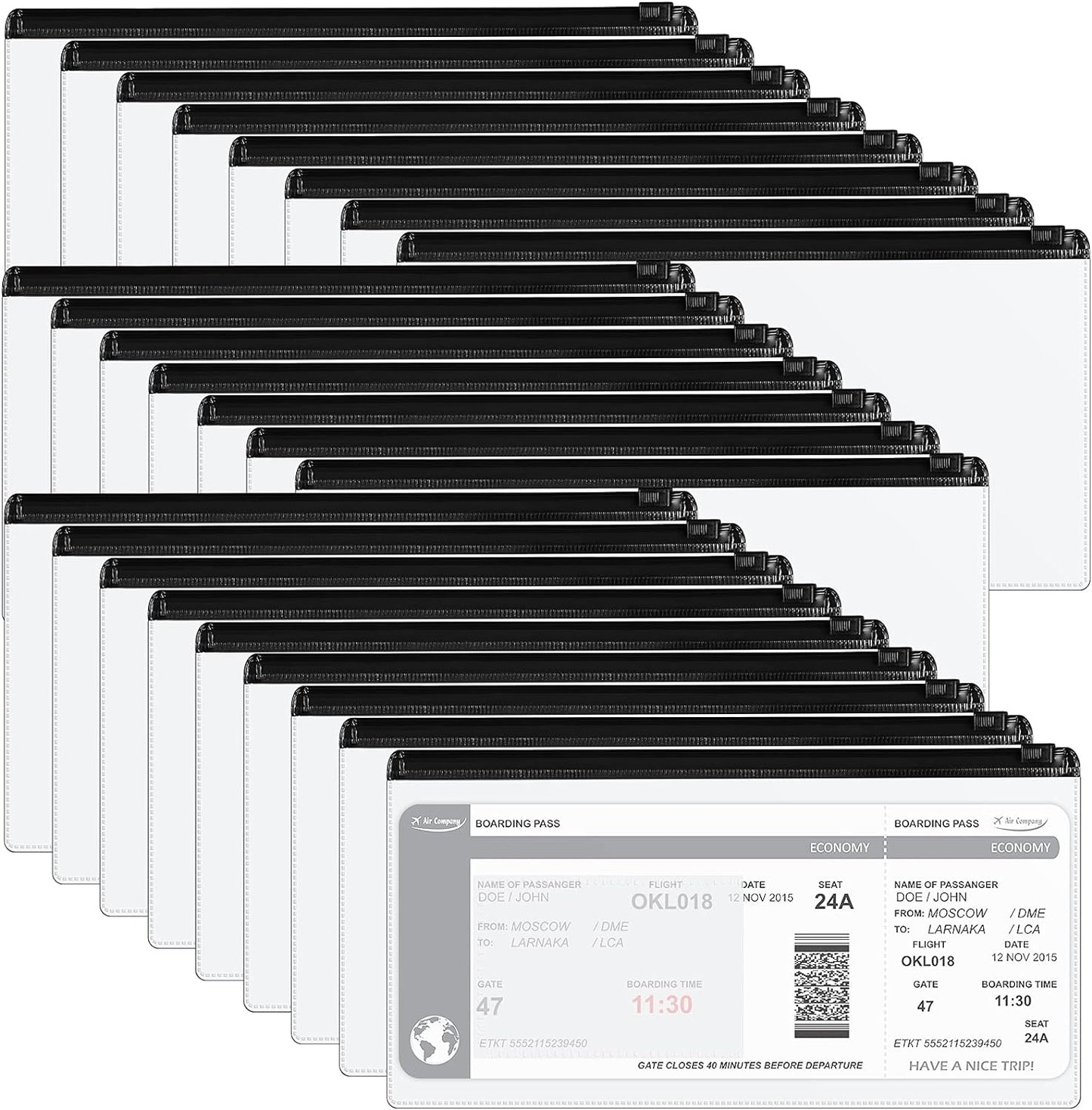 Marspark 100 Pieces Clear Pencil Case Zipper Envelope Bulk with Label Pocket Clear Plastic Envelopes with Zippered, A6 Pencil Bags for Cash, School Office Supplies, 9.2 x 4.7 Inches(Black)