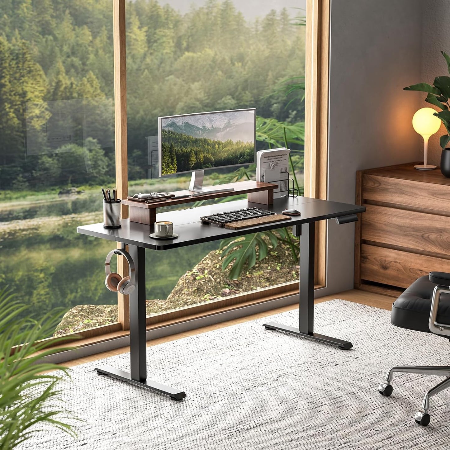 Veken 55 Inch Large Electric Standing Desk, 4 Memory Heights Adjustable,Sit to Stand Up, Work Home Office Computer Table for Study, Walking Pad, Writing, and Games, Wooden Desktop Desks, Black