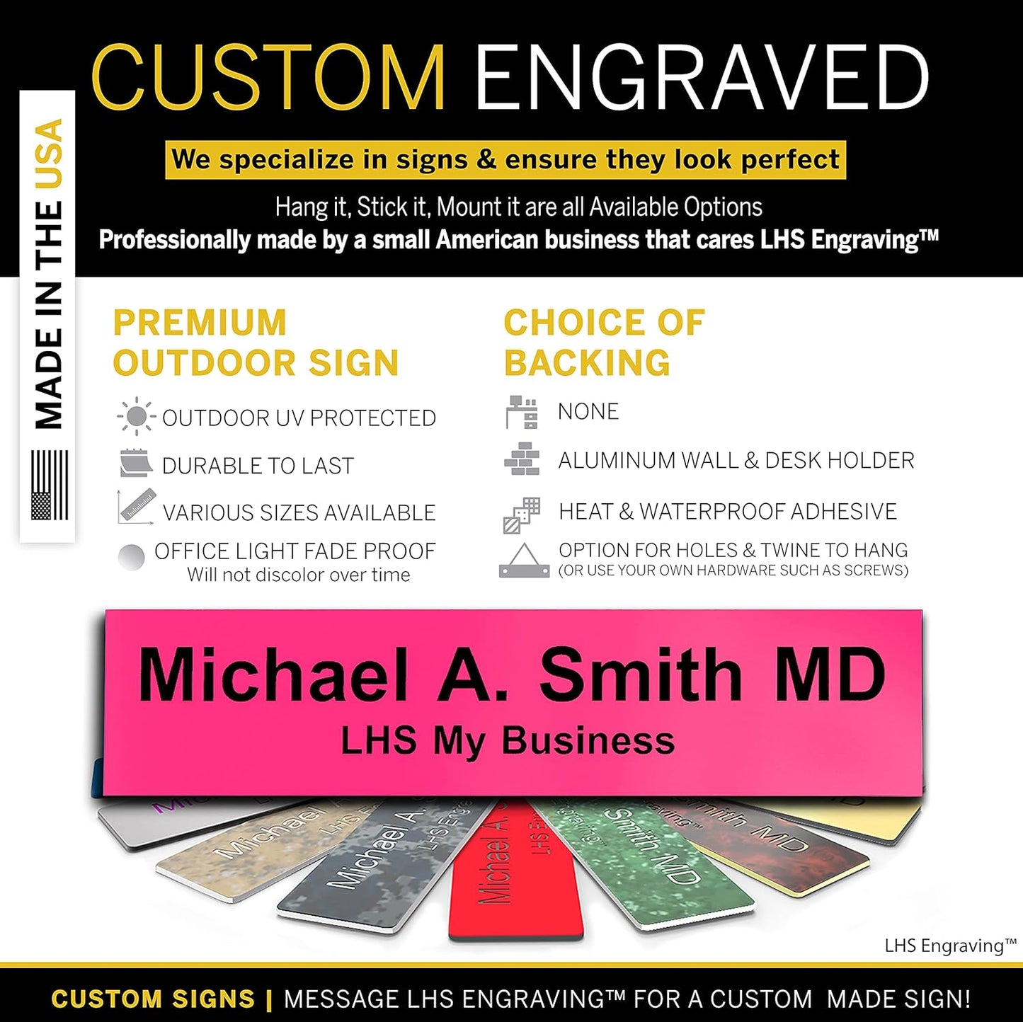 Door Name Plate Personalized for Office Pink Plastic Name Plate Black Letters - Made in USA 2x10 B12