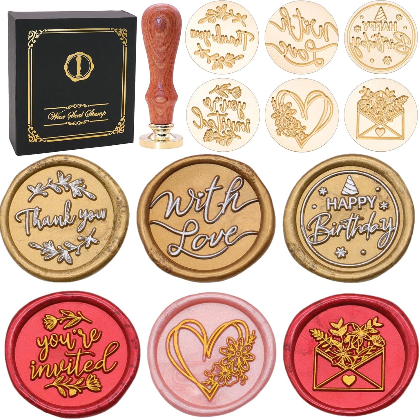 SWANGSA Blessing Wax Seal Stamp Gift Box Set, Vintage 6 Sealing Stamp Heads and 1 Wooden Hilt for Wedding, Party Invitations, Envelops, Christmas Cards and Gift (Phrases Kit)
