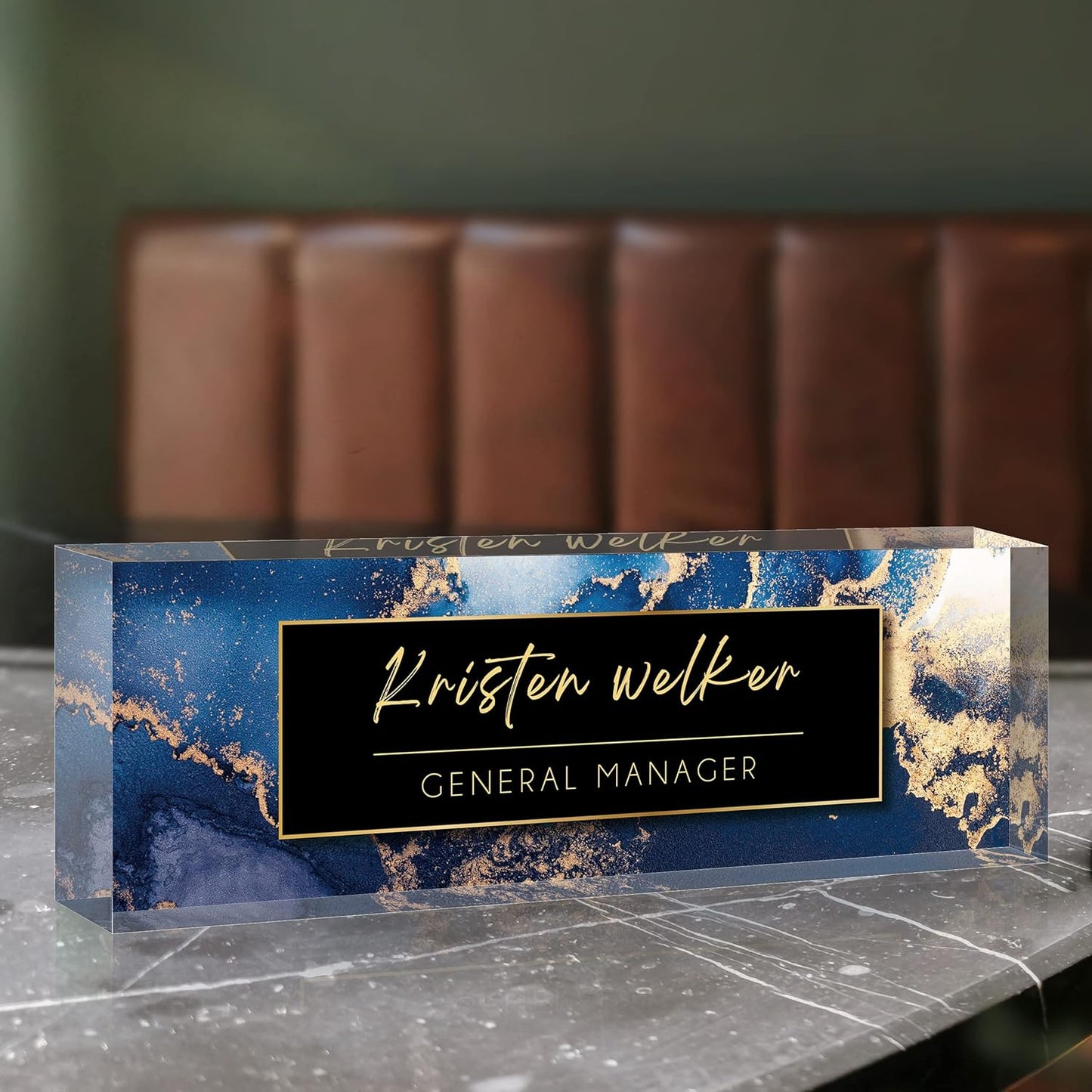 Desk Name Plate Personalized, Premium Blue Marble Acrylic Desk Name Plate, Personalized Name Plate for Desk, Office Decor for Women or Men Coworkers, Boss, Employee, Teacher