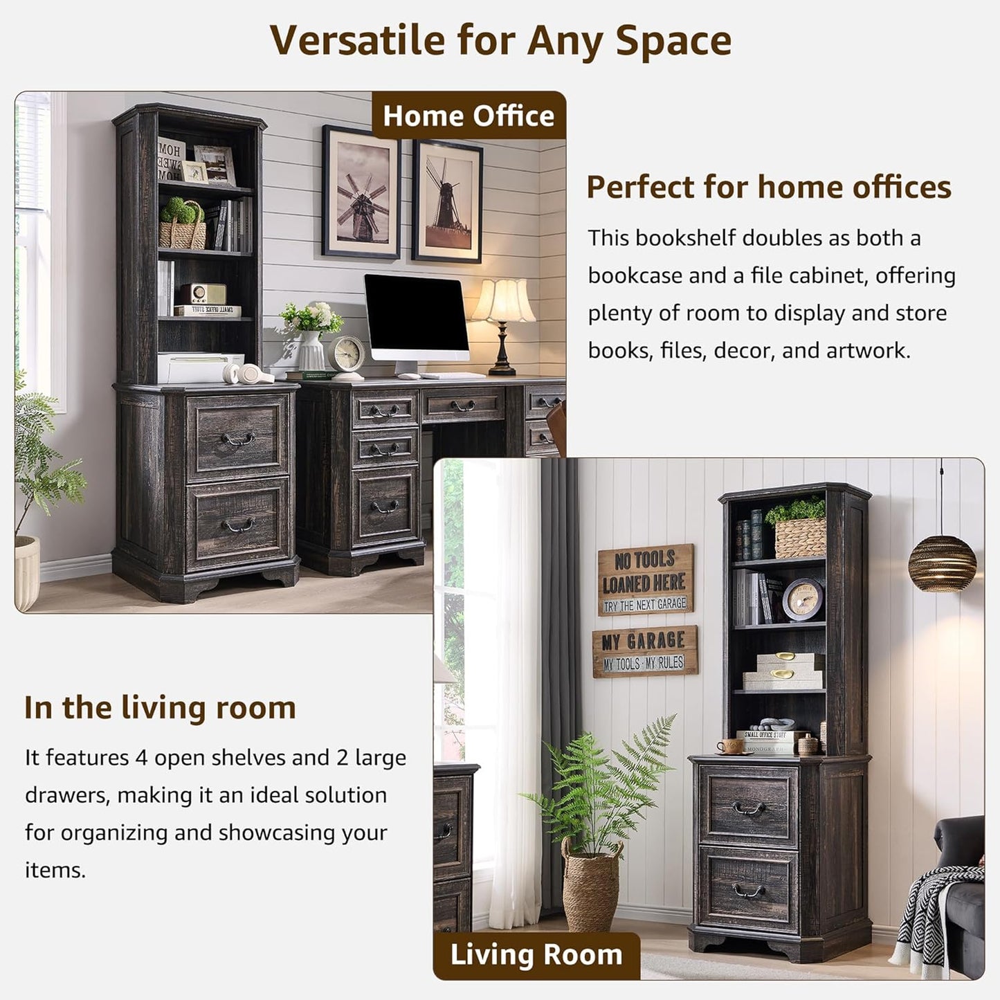 T4TREAM 6-Tier Bookcase with 2 File Drawers, 72" Tall Farmhouse Bookshelf with Storage & Adjustable Shelves, Wooden Floor Standing Display Book Shelf Organizer for Home Office, Dark Rustic Oak