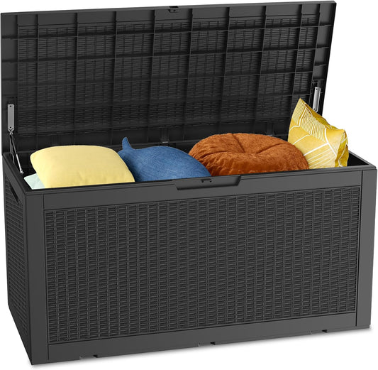 100 Gallon Outdoor Storage Box Waterproof Lockable Resin Deck Box Large, Patio Storage Bin for Pool Accessories Cushion Furniture, Garden Tools, UV-Resistant Outside Delivery Black