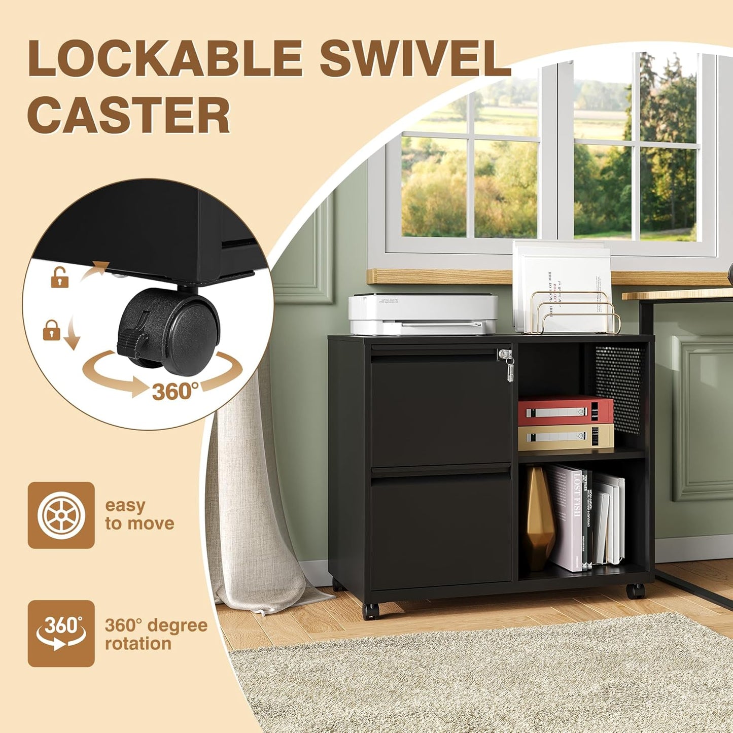 Lateral 2 Drawer Filing Cabinet with Lock, Mobile File Cabinet on Wheels, Printer Stand with Storage for Legal/Letter/A4 File Folders (Blcak)