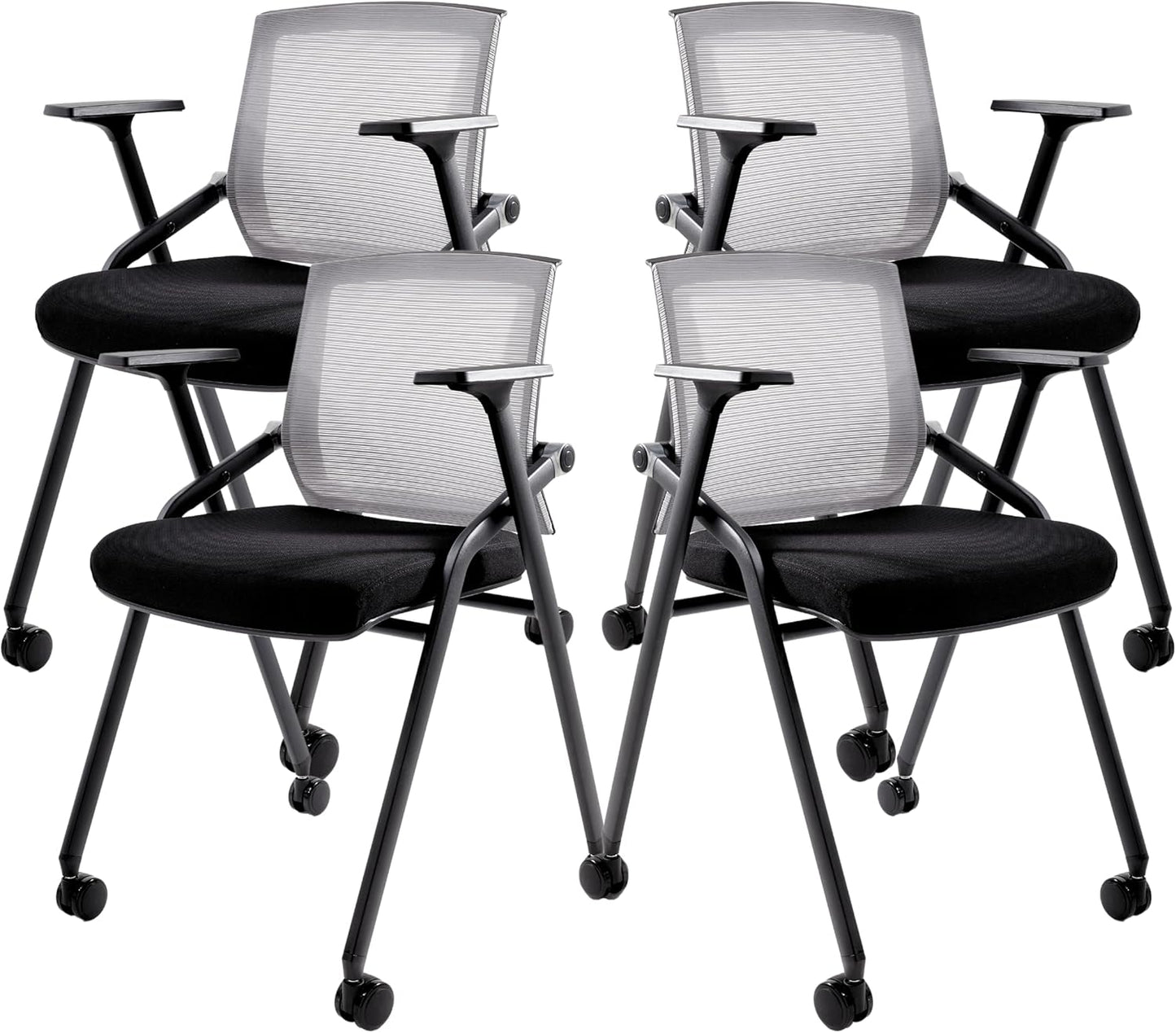 Conference Room Chairs, Folding Office Desk Chair with Lumbar Support and Sliding Armrest with Casters, Stackable Office Guest Chairs & Reception Chairs(4 Pack)