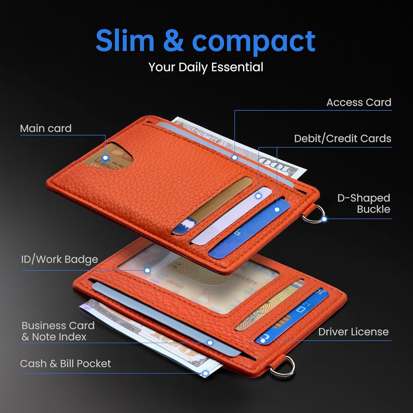 Mayski Slim Wallet, Credit Card Holder for Women, Minimalist Front Pocket RFID Blocking Card Cases, Small Wallet Women Men(Lichee Orange)