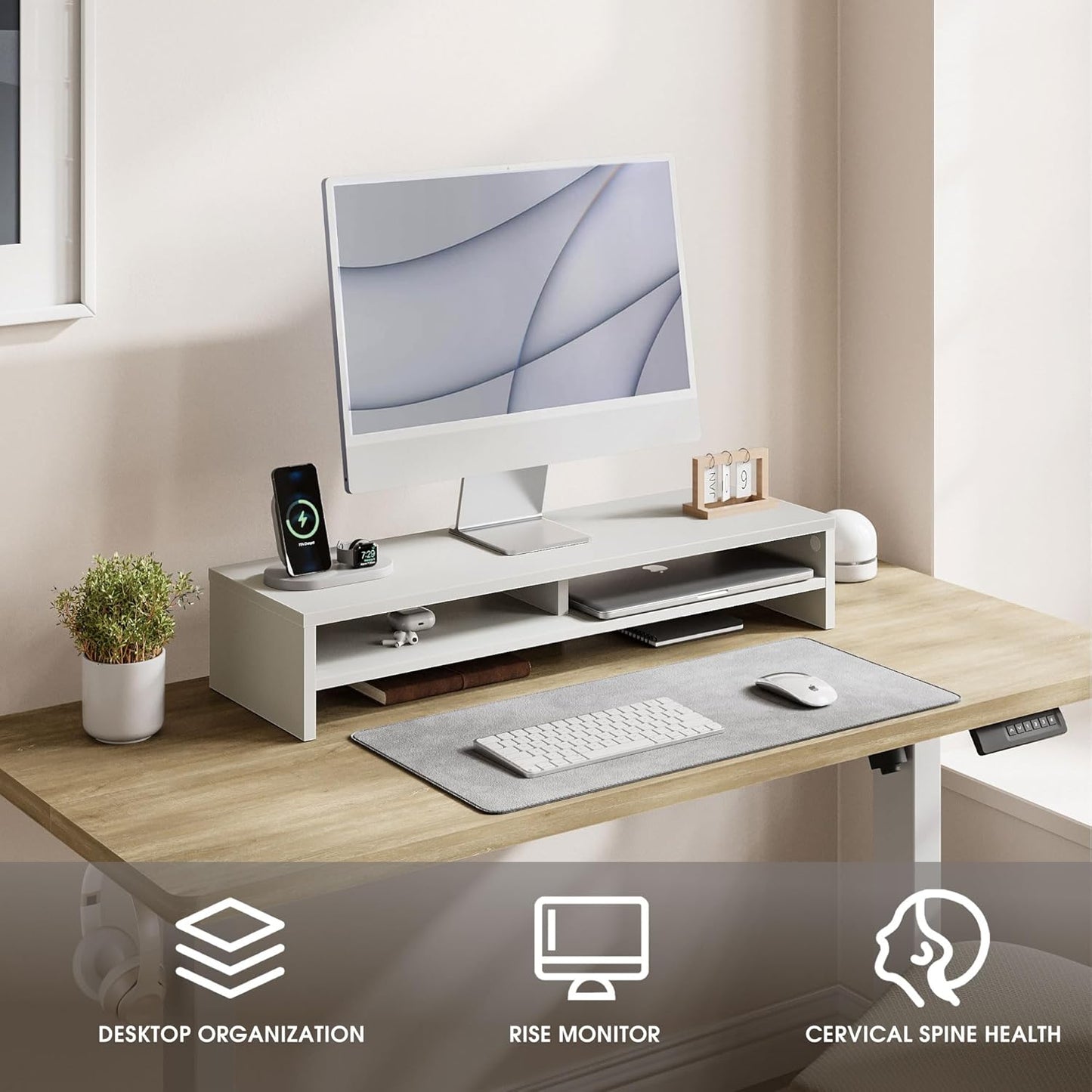 Fenge Monitor Stand, 31.5 Inch Computer Monitor Riser for Desk, 2 Tiers Wood Desk Shelf with Storage, Desktop Organizer for PC, Laptop, Screen, Printer