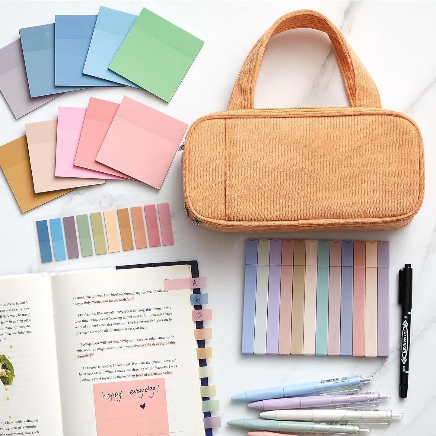 Jutom 39 Pcs Aesthetic Book Annotation Kit Highlighter with Pencil Case Bag Gel Pen Transparent Sticky Note Taking Bible Study College School Supplies(Orange,Classic Style)