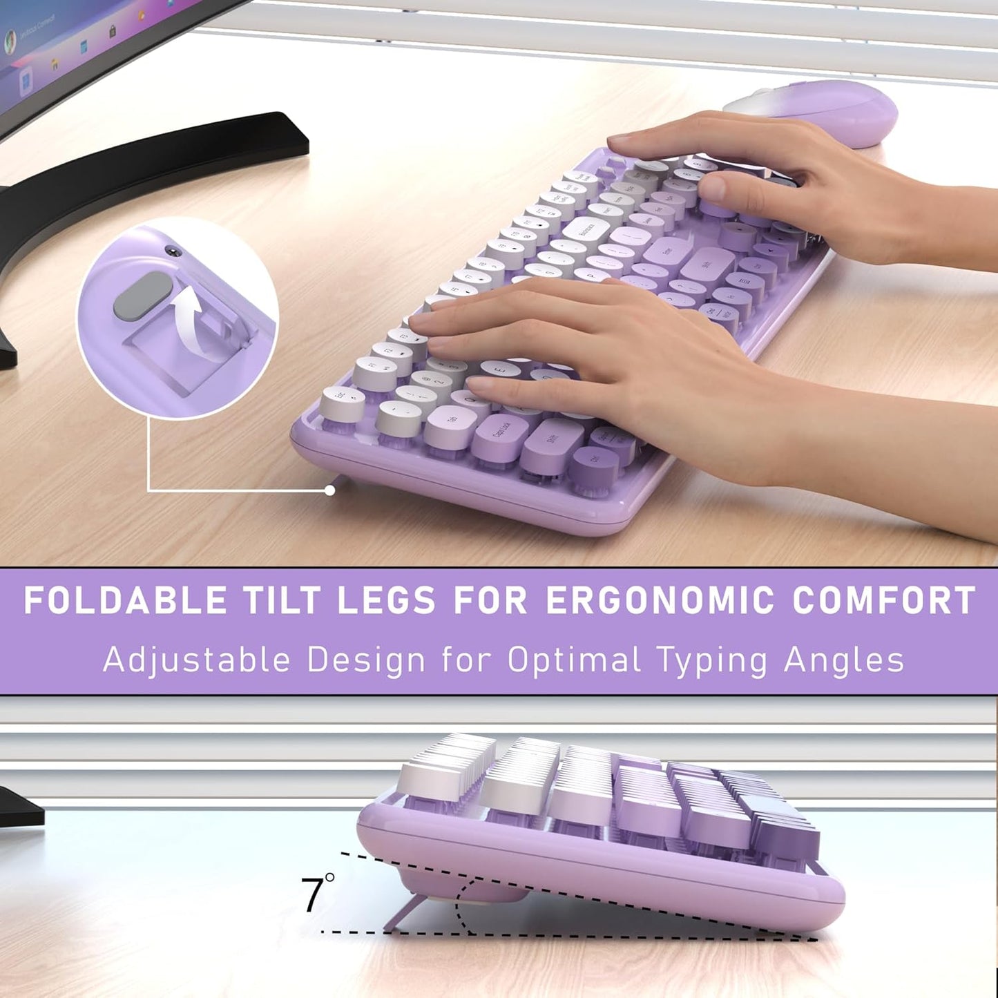 Wireless Keyboard and Mouse, Full-Size Retro Typewriter Keyboard with Round Keycaps, 2.4GHz for Windows, Mac, Laptop, PC, Desktop (Purple Gradient)