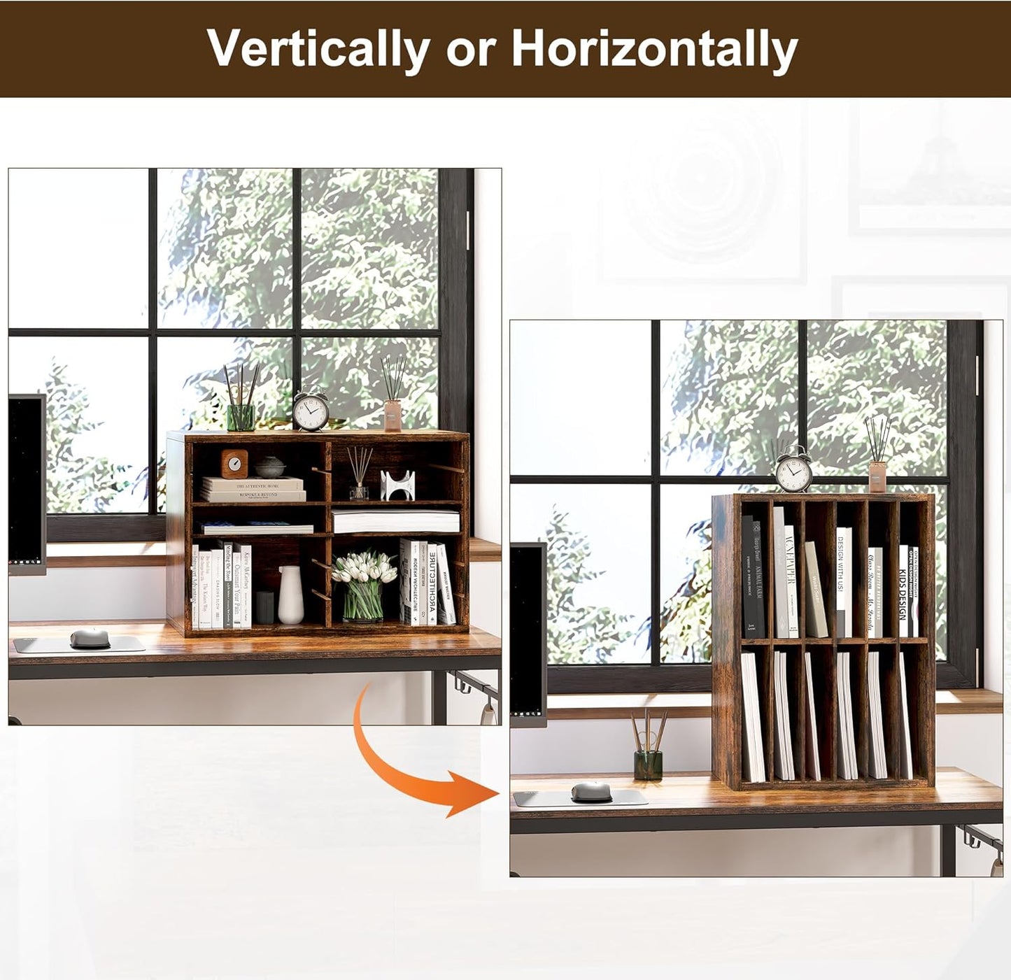 Mail Organizer Countertop, 12 Slots Wooden Desk File Literature Sorter, Adjustable Paper Storage Shelves Document Holder, Space Saving Desktop Mailbox for Office Classroom, Rustic Brown