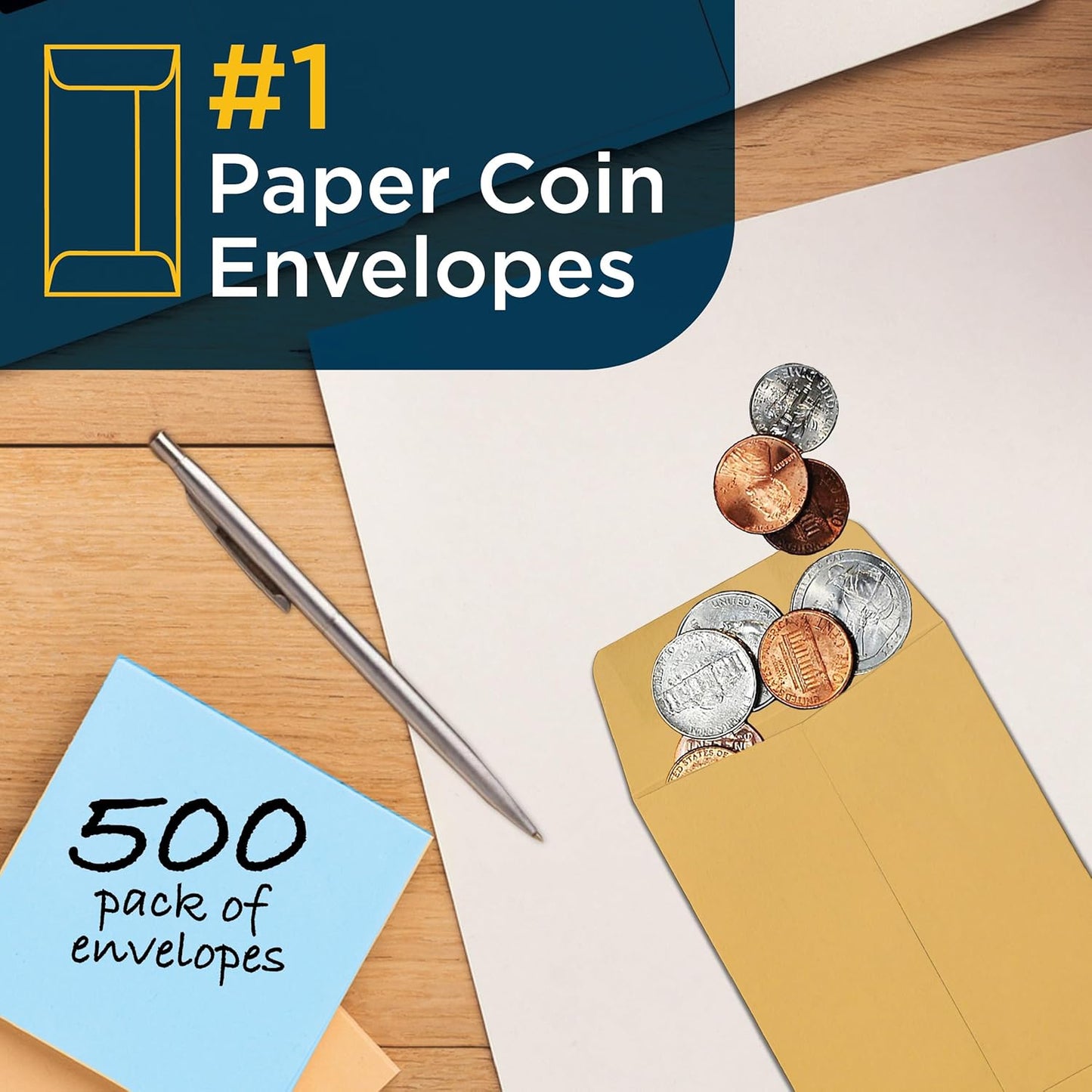 Guardian #1 Paper Coin Envelopes with Gummed Flaps, Pack of 500 Blank Small Envelopes for Gift Cards, Coins, Receipts, Stamps, Small Parts Storage, and More, 2 ¼ Inches x 3 ½ Inches, Brown