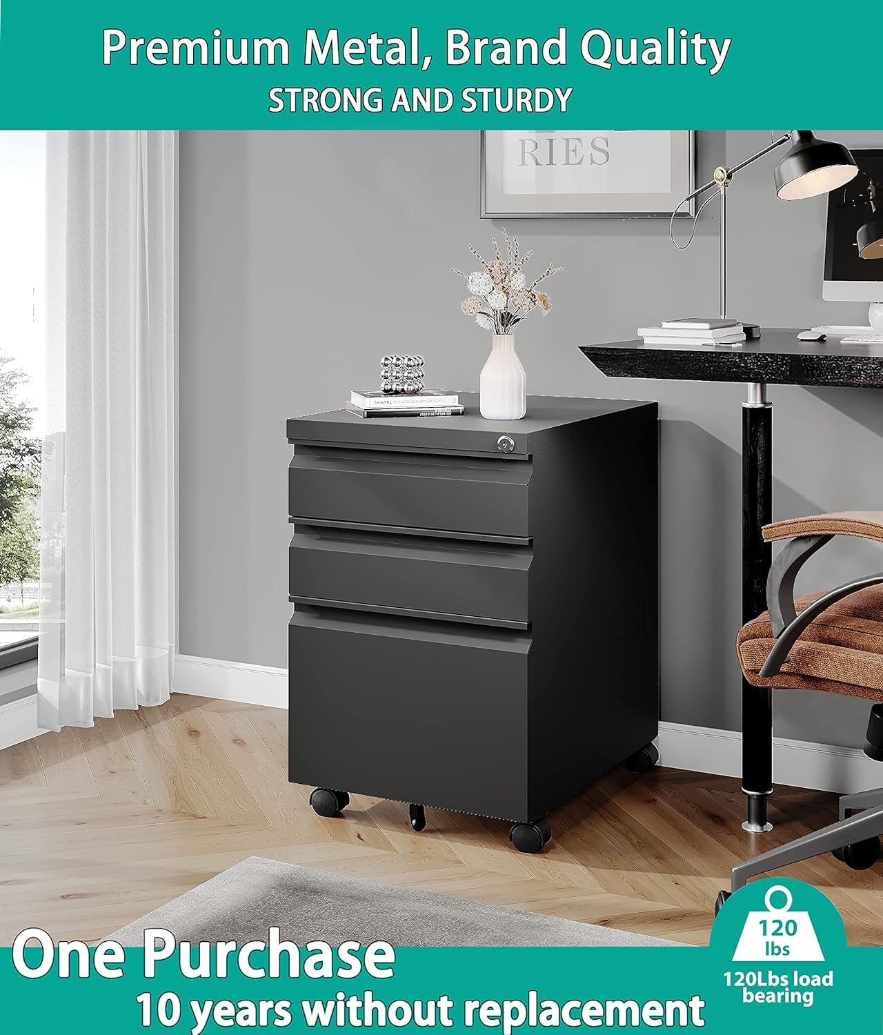 SISESOL 3 Drawer Mobile File Cabinet with Lock,Black Under Desk File Cabinets with Wheels,Rolling Metal Filing Cabinet for Home Office,Fit Legal/Letter/a4 File,Fully Assembled Except Caster